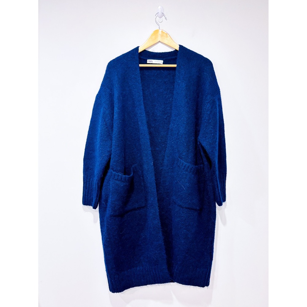 ZARA Navy Long Open Front Oversized Wool Blend Knit Cardigan Pockets X-Small